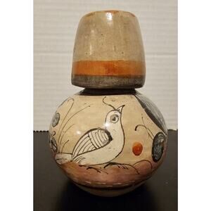 Vintage Floral Dove Tonala Burnished Pottery Water Jug Tumble Up Carafe w/ Cup